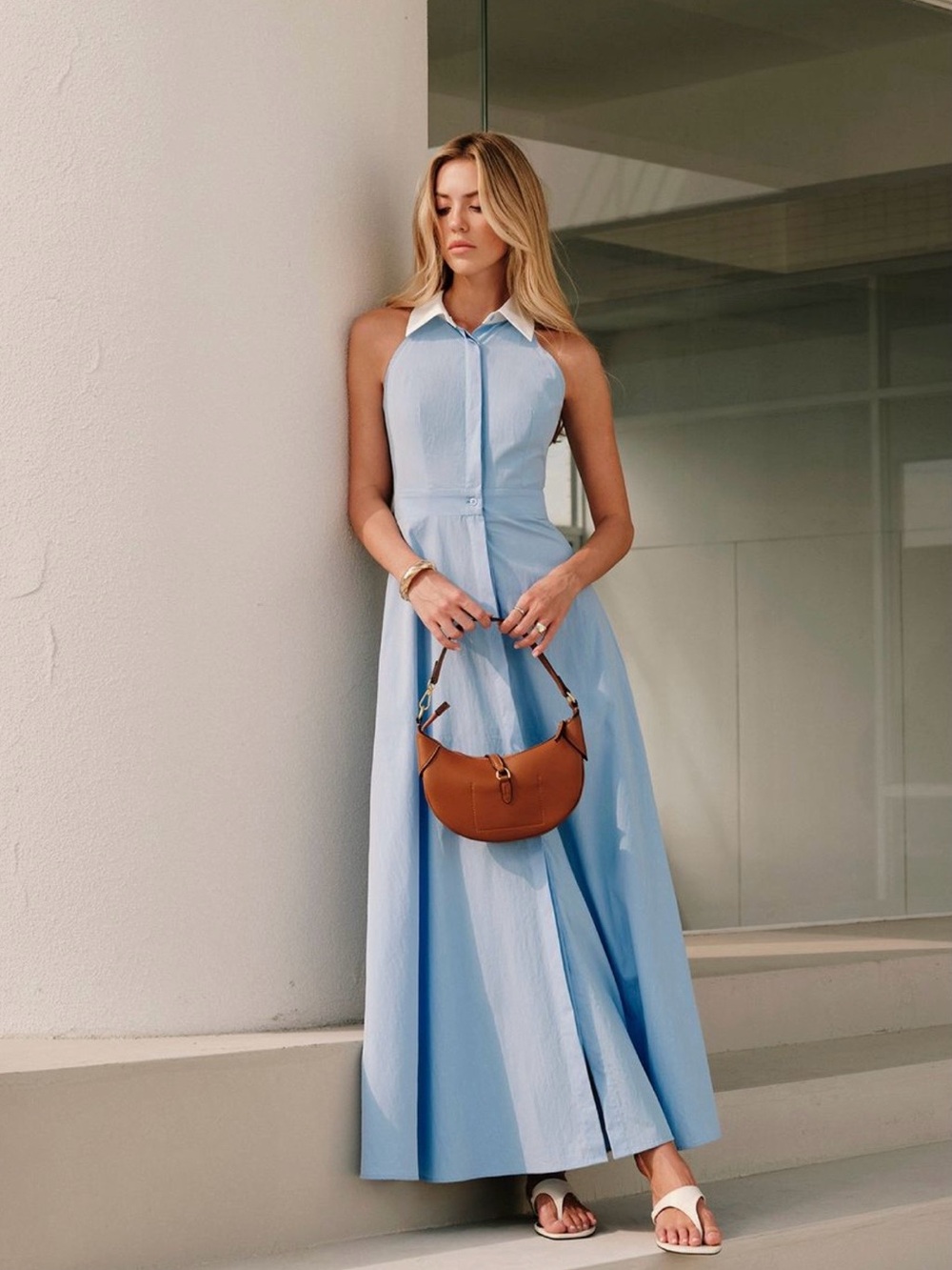 Commense Light Blue Maxi Shirt Dress with White Collar